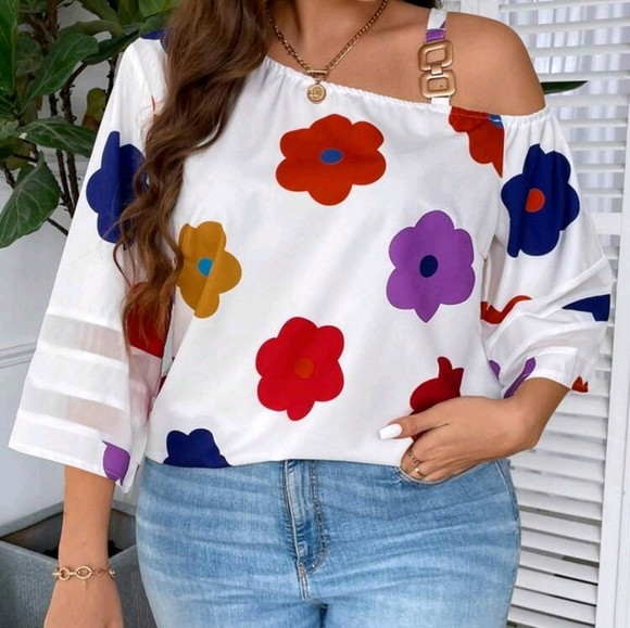 Plus Size Women'S Floral Printed Irregular Collar Shirt - Picture 1 of 5